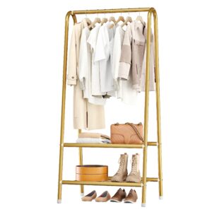joiscope gold metal clothes rack, sturdy and portable, with double layer shelf for hanging and storing clothes, shoes, bags, umbrellas, bedroom, office, living room