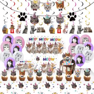 juhap 96pcs cat birthday party supplies, kitten birthday decorations includes plates, napkins, table covers, cake toppers, balloons, cat banners, swirls for meow kitty theme birthday party supplies
