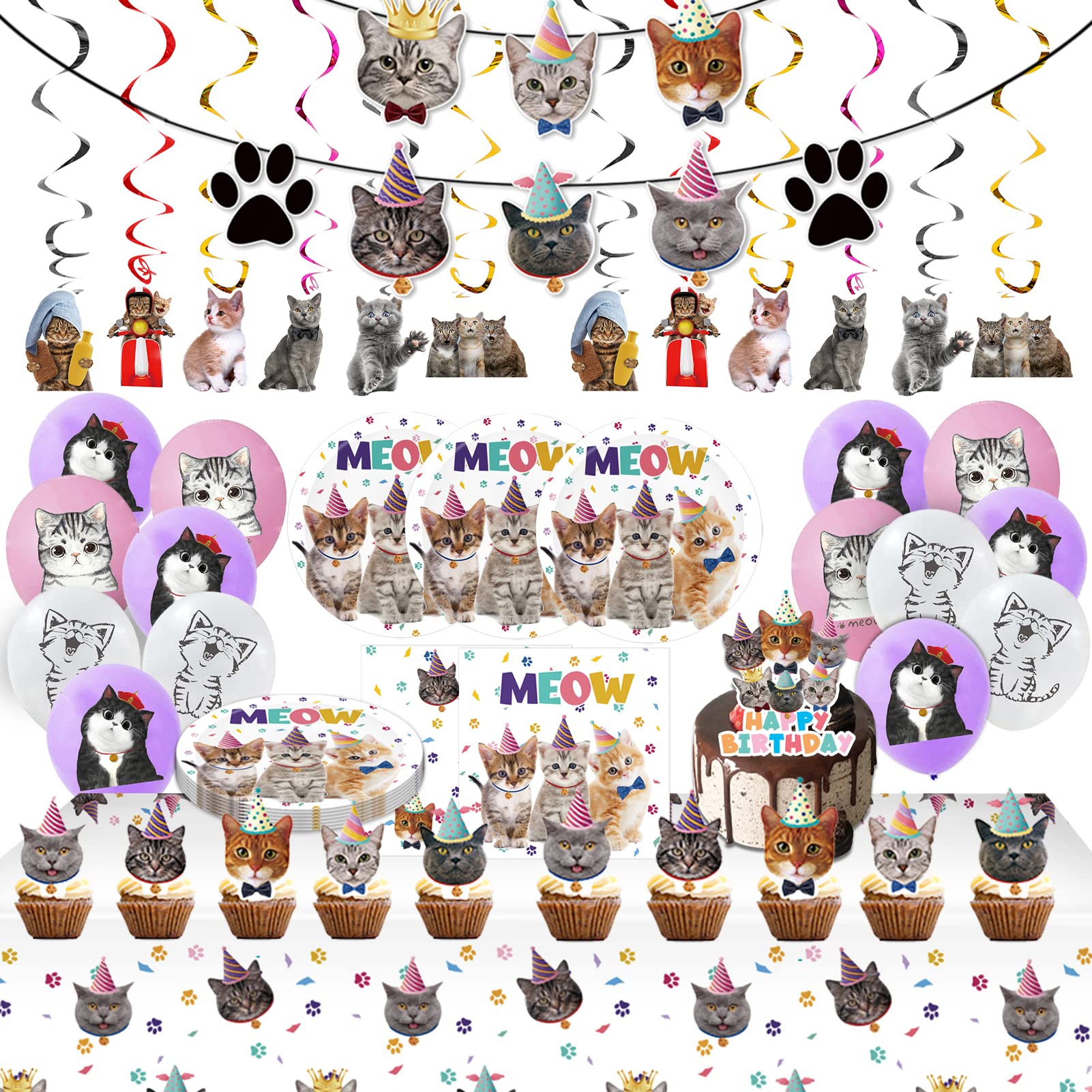 Juhap 96Pcs Cat Birthday Party Supplies, Kitten Birthday Decorations Includes Plates, Napkins, Table Covers, Cake Toppers, Balloons, Cat Banners, Swirls for Meow Kitty Theme Birthday Party Supplies