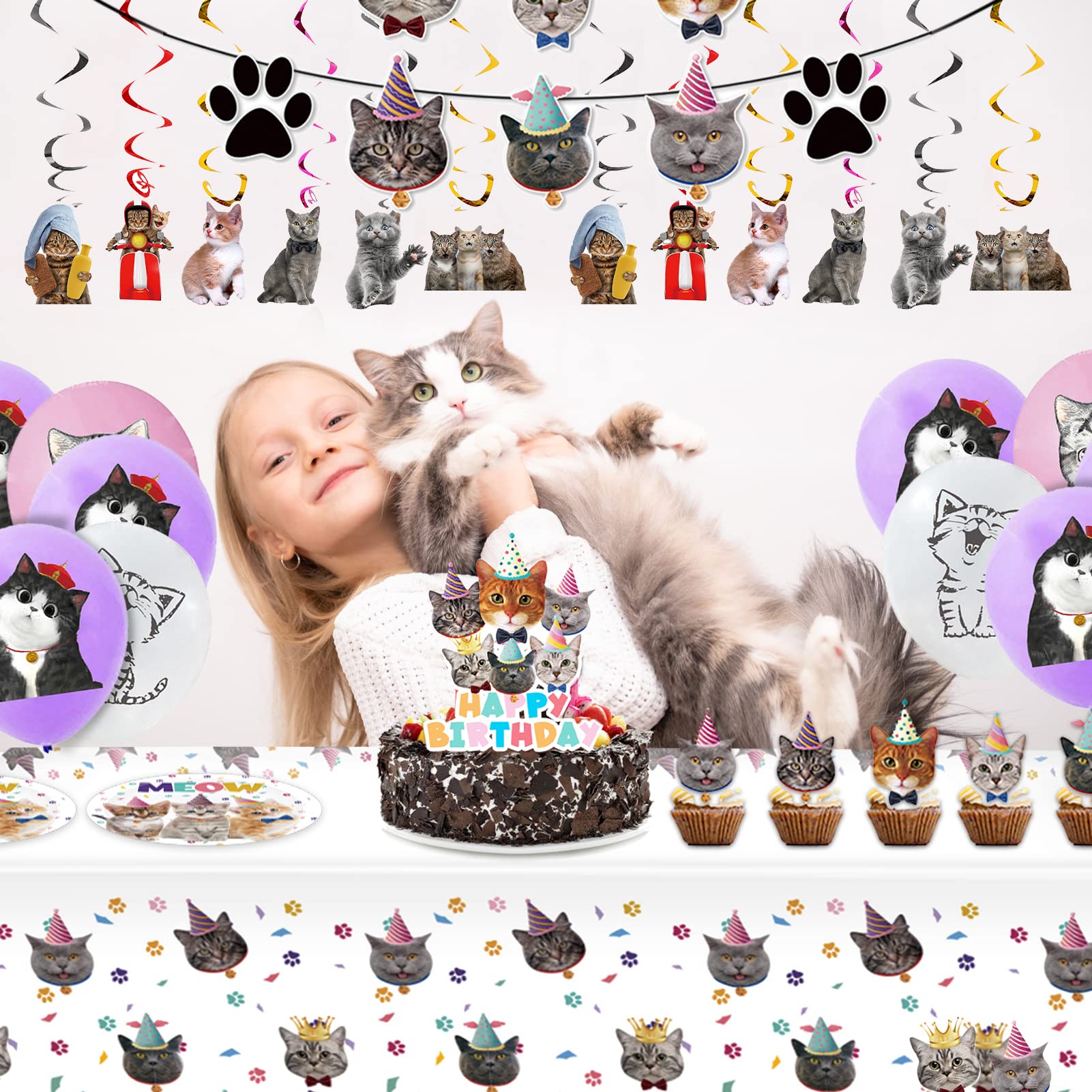 Juhap 96Pcs Cat Birthday Party Supplies, Kitten Birthday Decorations Includes Plates, Napkins, Table Covers, Cake Toppers, Balloons, Cat Banners, Swirls for Meow Kitty Theme Birthday Party Supplies