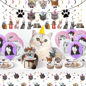 Juhap 96Pcs Cat Birthday Party Supplies, Kitten Birthday Decorations Includes Plates, Napkins, Table Covers, Cake Toppers, Balloons, Cat Banners, Swirls for Meow Kitty Theme Birthday Party Supplies