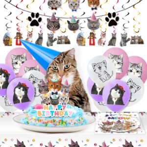 Juhap 96Pcs Cat Birthday Party Supplies, Kitten Birthday Decorations Includes Plates, Napkins, Table Covers, Cake Toppers, Balloons, Cat Banners, Swirls for Meow Kitty Theme Birthday Party Supplies