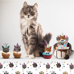 Juhap 96Pcs Cat Birthday Party Supplies, Kitten Birthday Decorations Includes Plates, Napkins, Table Covers, Cake Toppers, Balloons, Cat Banners, Swirls for Meow Kitty Theme Birthday Party Supplies