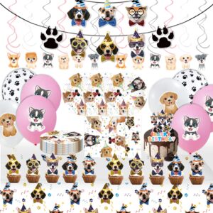 juhap dog birthday party supplies, puppy birthday party decorations for kids includes plates, napkins, table covers, cake toppers, balloons, dog banners, swirls for baby shower theme party decorations