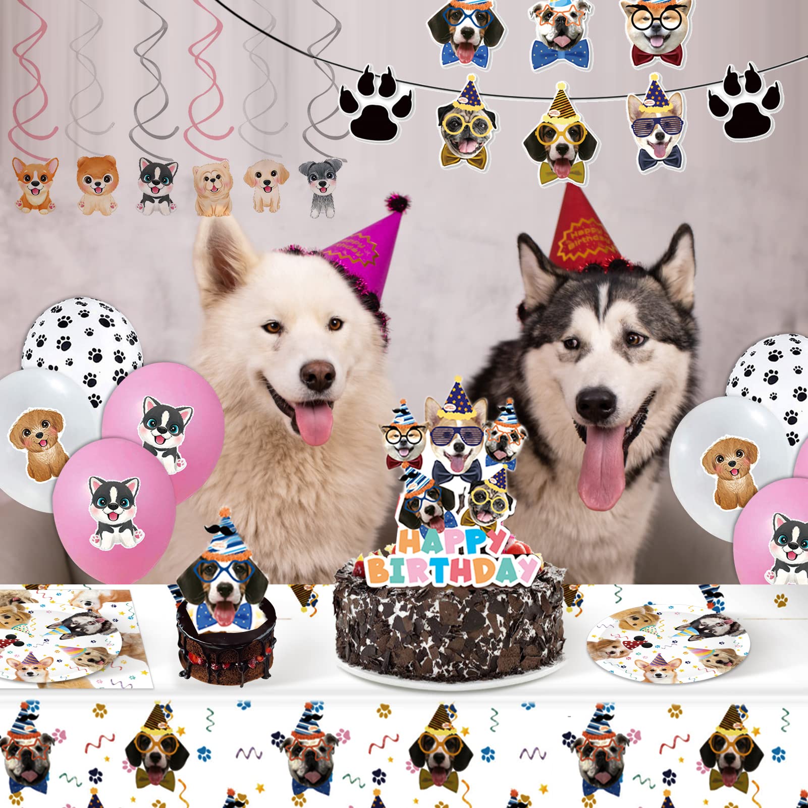 Juhap Dog Birthday Party Supplies, Puppy Birthday Party Decorations for Kids Includes Plates, Napkins, Table Covers, Cake Toppers, Balloons, Dog Banners, Swirls for Baby Shower Theme Party Decorations