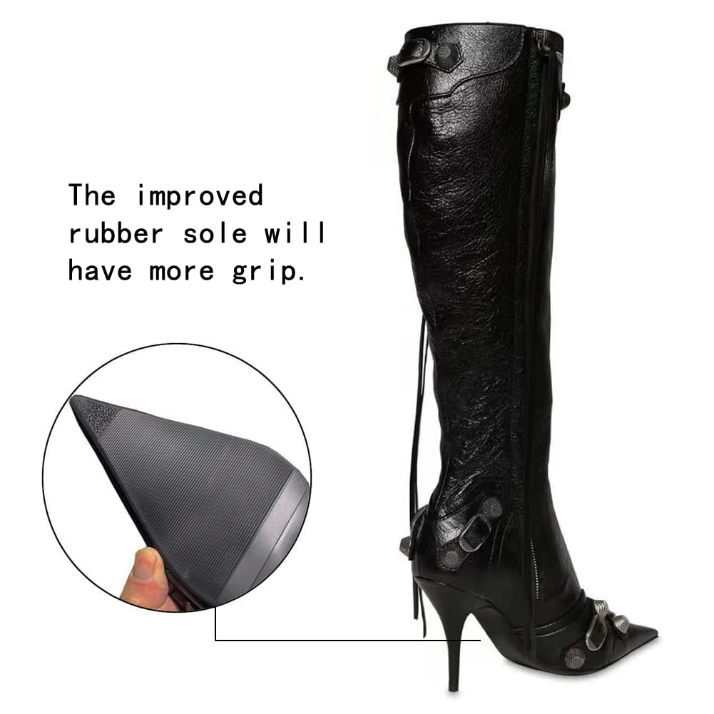 Kluolandi Women's Stiletto High Heel Knee High Boots with Tassel Pointed Toe Studded Zipper Black Boots for Women Size 7