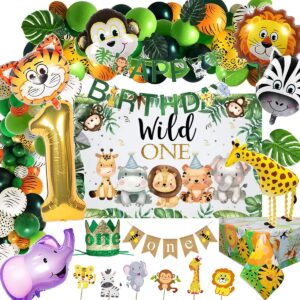 tsoifu safari 1st birthday decorations for boy wild one backdorp happy birthday banner jungle themed tablecloth balloon garland kit
