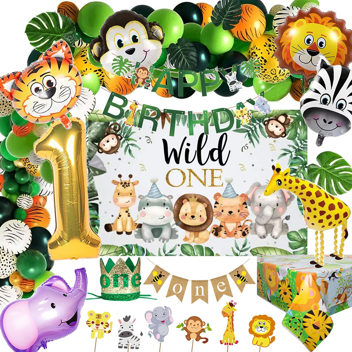 Tsoifu Safari 1st Birthday Decorations for Boy Wild One Backdorp Happy Birthday Banner Jungle Themed Tablecloth Balloon Garland Kit