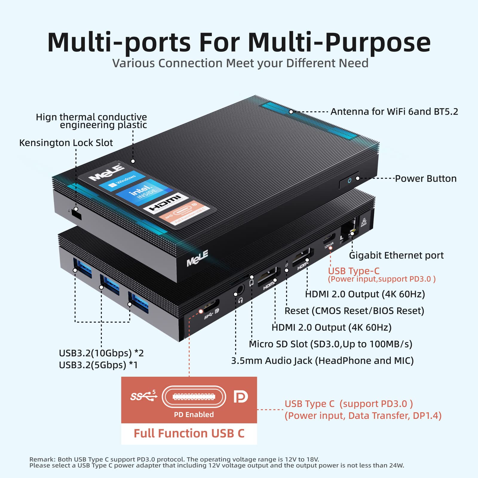 MeLE Mini PC, Quieter3C Fanless Mini Computer N5105 16GB 512GB Windows 11 Pro USB-C 4K Triple Display WiFi 6 BT5.2 Gigabit Ethernet Micro PC Support M.2 SSD on Business Industrial IoT Office Home