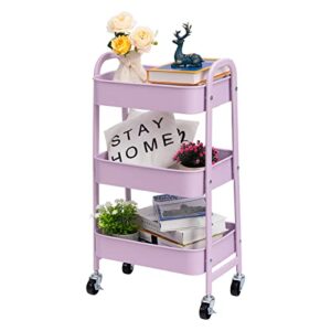 AGTEK Makeup Cart, Movable Rolling Organizer Cart, 3 Tier Metal Utility Cart with Lockable Wheels for Home & Office, Purple