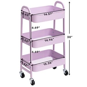 AGTEK Makeup Cart, Movable Rolling Organizer Cart, 3 Tier Metal Utility Cart with Lockable Wheels for Home & Office, Purple