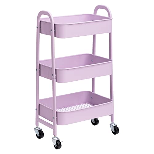 AGTEK Makeup Cart, Movable Rolling Organizer Cart, 3 Tier Metal Utility Cart with Lockable Wheels for Home & Office, Purple