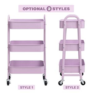 AGTEK Makeup Cart, Movable Rolling Organizer Cart, 3 Tier Metal Utility Cart with Lockable Wheels for Home & Office, Purple