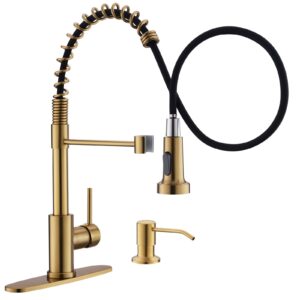 gimili brushed gold kitchen faucet with soap dispenser, commercial single handle spring pull out kitchen sink faucets with pull down sprayer