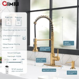 GIMILI Brushed Gold Kitchen Faucet with Soap Dispenser, Commercial Single Handle Spring Pull Out Kitchen Sink Faucets with Pull Down Sprayer