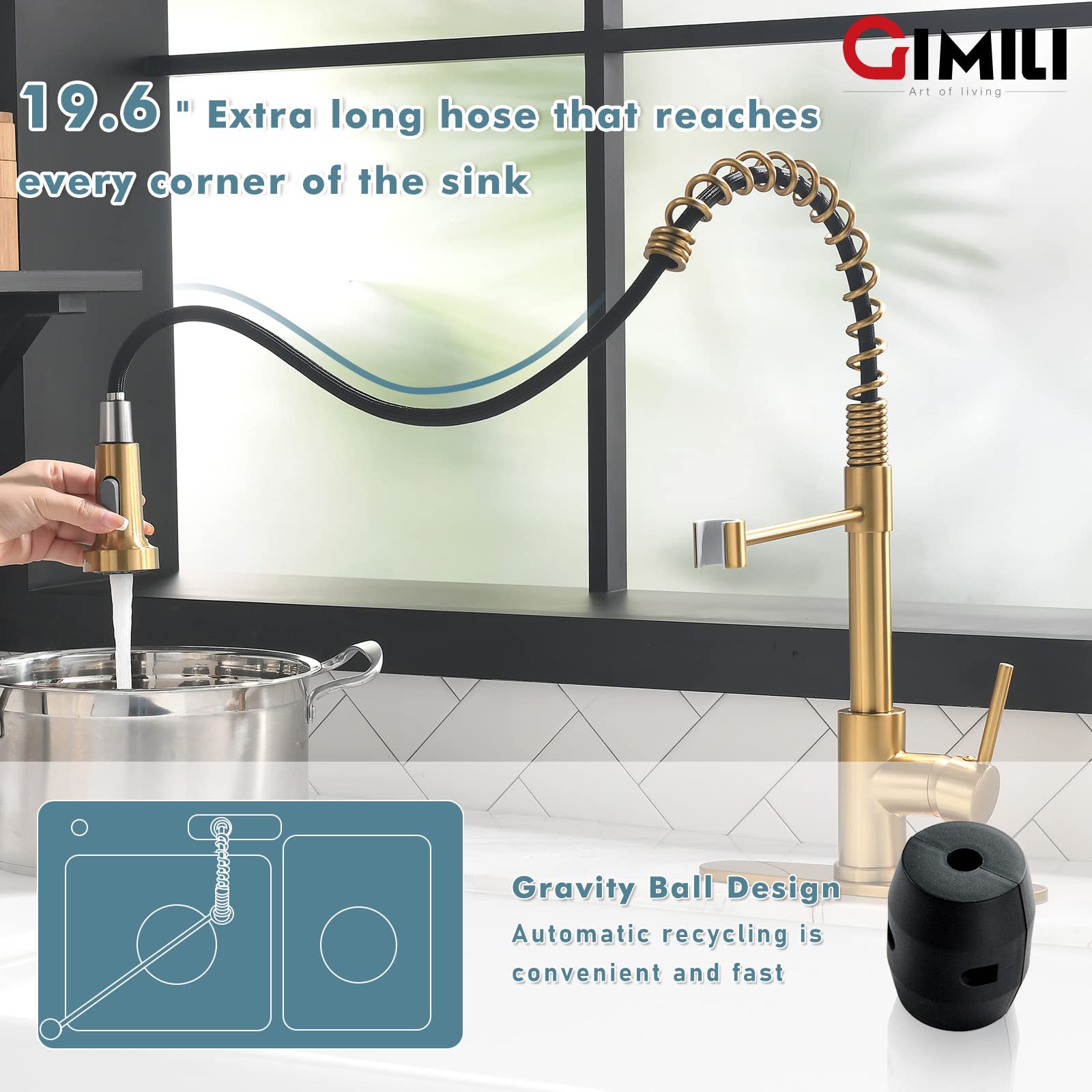 GIMILI Brushed Gold Kitchen Faucet with Soap Dispenser, Commercial Single Handle Spring Pull Out Kitchen Sink Faucets with Pull Down Sprayer