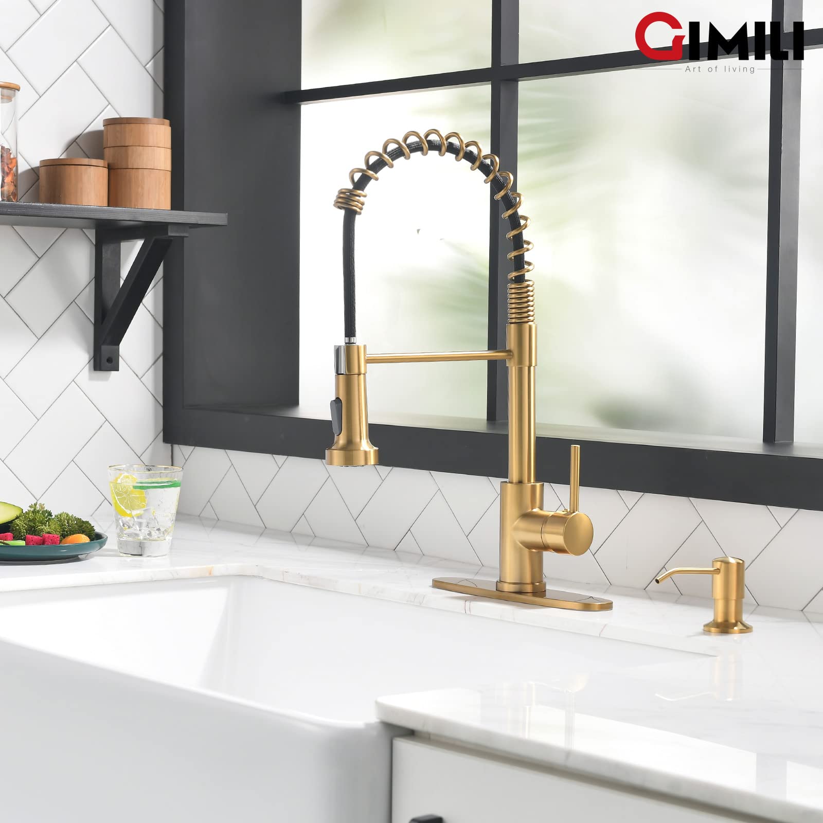 GIMILI Brushed Gold Kitchen Faucet with Soap Dispenser, Commercial Single Handle Spring Pull Out Kitchen Sink Faucets with Pull Down Sprayer