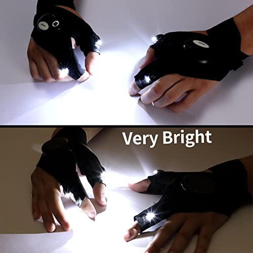 2 Pairs LED Flashlight Gloves, 1 Pair Rechargeable & 1 Pair Uses Batteries, Gifts for Men, Father Day Outdoor Fishing with Stretchy Strap for Repairing Cars Night Running Camping Hiking