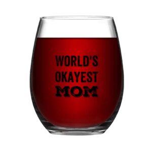 mousus 11oz stemless wine glass world's okayest mom drinking glass glassware for red or white wine cocktails perfect for homes & bars party supplies decorations