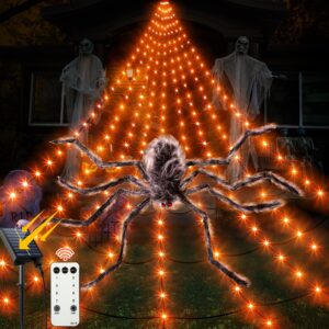 solar spider web halloween decorations lights, 16.4 x 15.7 ft solar powered huge triangular spider web, 192 leds 8 modes waterproof with timer and giant spider for yard house party decor(orange)