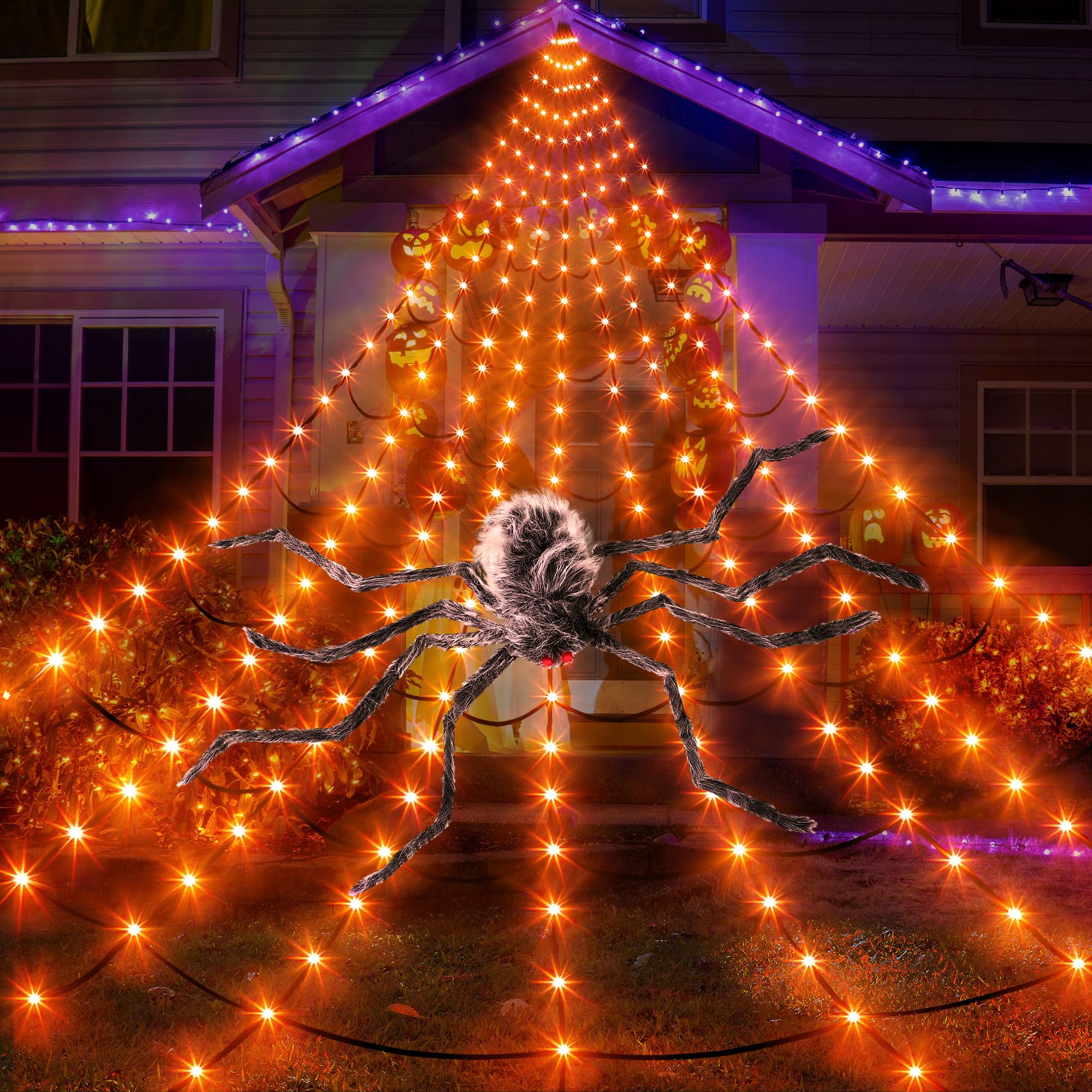 Solar Spider Web Halloween Decorations Lights, 16.4 x 15.7 Ft Solar Powered Huge Triangular Spider Web, 192 LEDs 8 Modes Waterproof with Timer and Giant Spider for Yard House Party Decor(Orange)