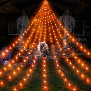 Solar Spider Web Halloween Decorations Lights, 16.4 x 15.7 Ft Solar Powered Huge Triangular Spider Web, 192 LEDs 8 Modes Waterproof with Timer and Giant Spider for Yard House Party Decor(Orange)