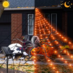 Solar Spider Web Halloween Decorations Lights, 16.4 x 15.7 Ft Solar Powered Huge Triangular Spider Web, 192 LEDs 8 Modes Waterproof with Timer and Giant Spider for Yard House Party Decor(Orange)