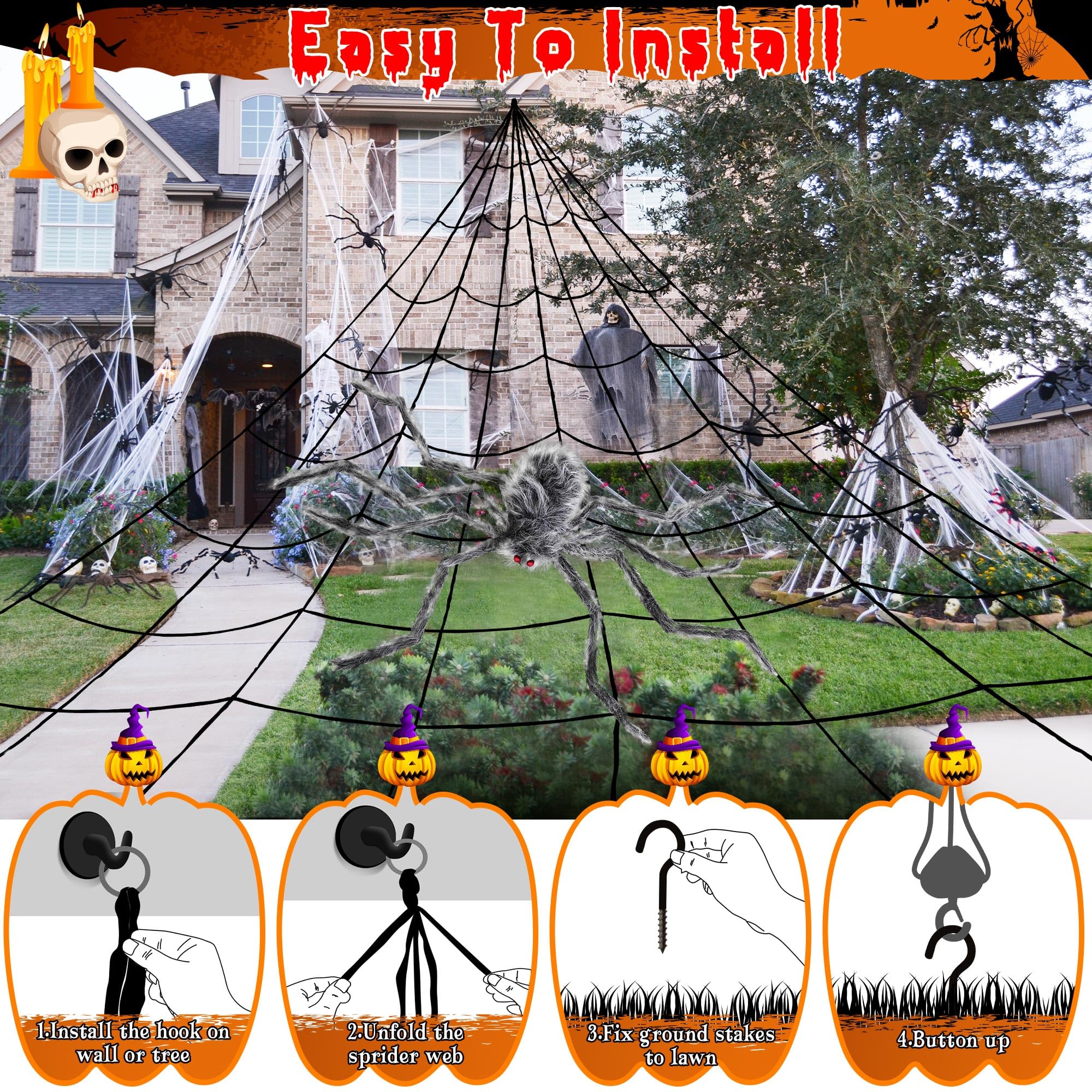 Solar Spider Web Halloween Decorations Lights, 16.4 x 15.7 Ft Solar Powered Huge Triangular Spider Web, 192 LEDs 8 Modes Waterproof with Timer and Giant Spider for Yard House Party Decor(Orange)