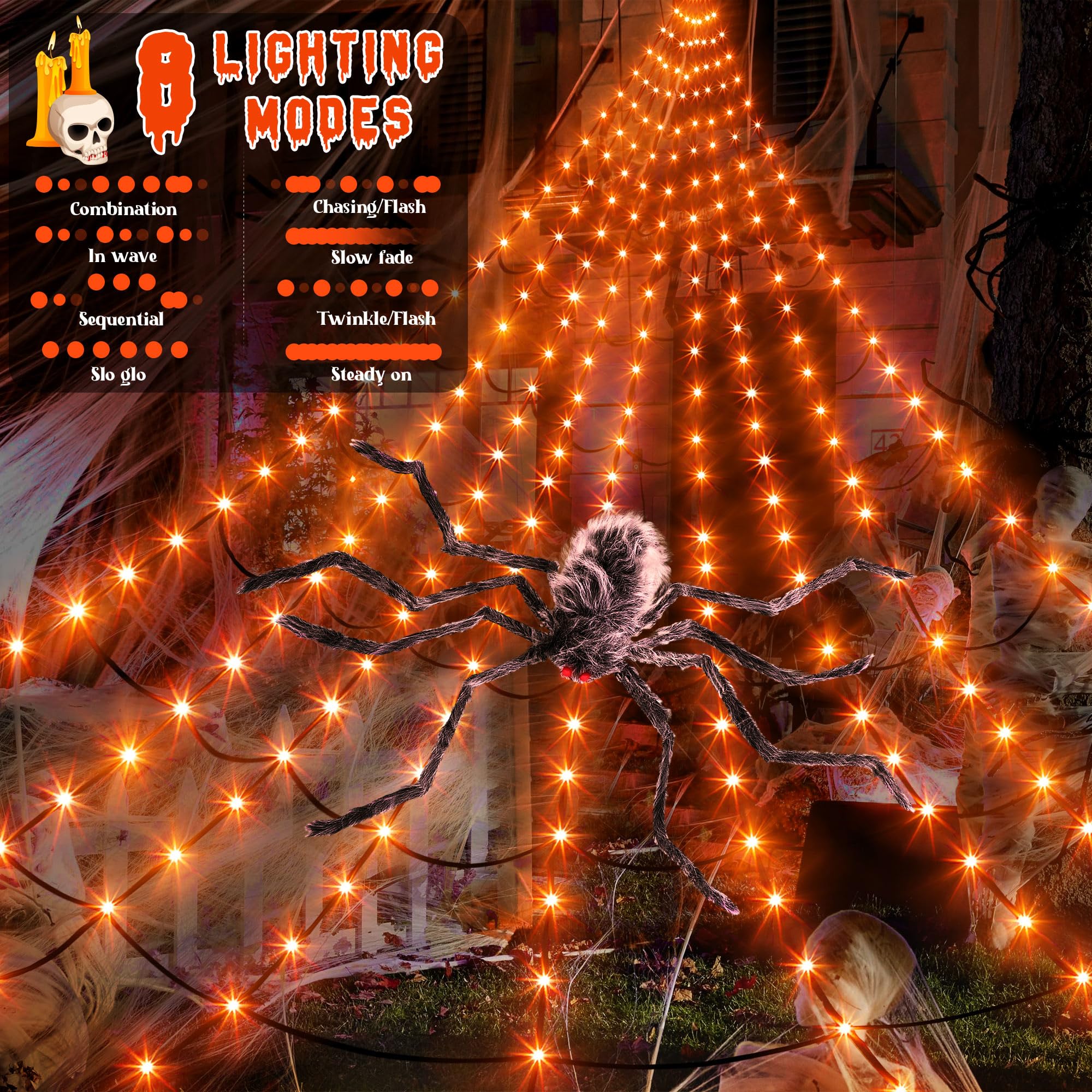 Solar Spider Web Halloween Decorations Lights, 16.4 x 15.7 Ft Solar Powered Huge Triangular Spider Web, 192 LEDs 8 Modes Waterproof with Timer and Giant Spider for Yard House Party Decor(Orange)