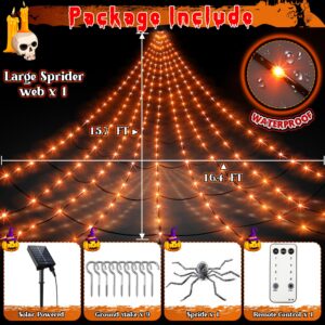 Solar Spider Web Halloween Decorations Lights, 16.4 x 15.7 Ft Solar Powered Huge Triangular Spider Web, 192 LEDs 8 Modes Waterproof with Timer and Giant Spider for Yard House Party Decor(Orange)