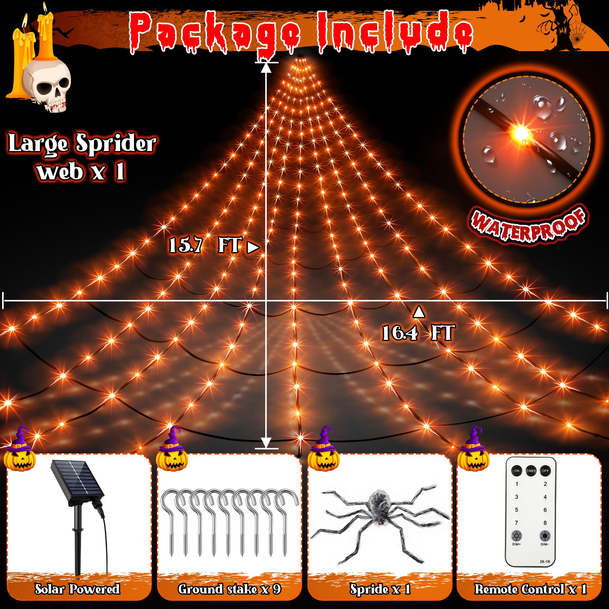 Solar Spider Web Halloween Decorations Lights, 16.4 x 15.7 Ft Solar Powered Huge Triangular Spider Web, 192 LEDs 8 Modes Waterproof with Timer and Giant Spider for Yard House Party Decor(Orange)