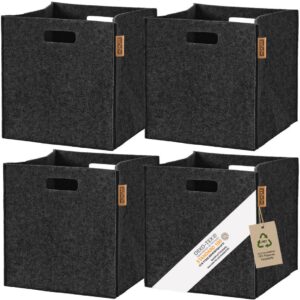 storage baskets for shelves | felt and leather | set of 4 cubes | 12x12x12 in closet bins for shelves, baskets for closet organization kallax cubes toy storage (light grey or dark grey)
