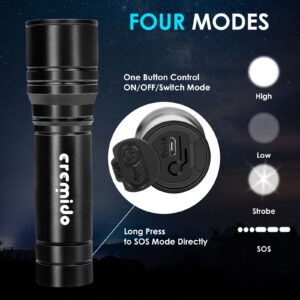 eremido LED Flashlight, 2023 New White Strong Light, Durable Metal Aluminum Material, IP44 Waterproof, Four Modes switchable, Micro USB Charging, can be Used for Indoor and Outdoor Emergency use