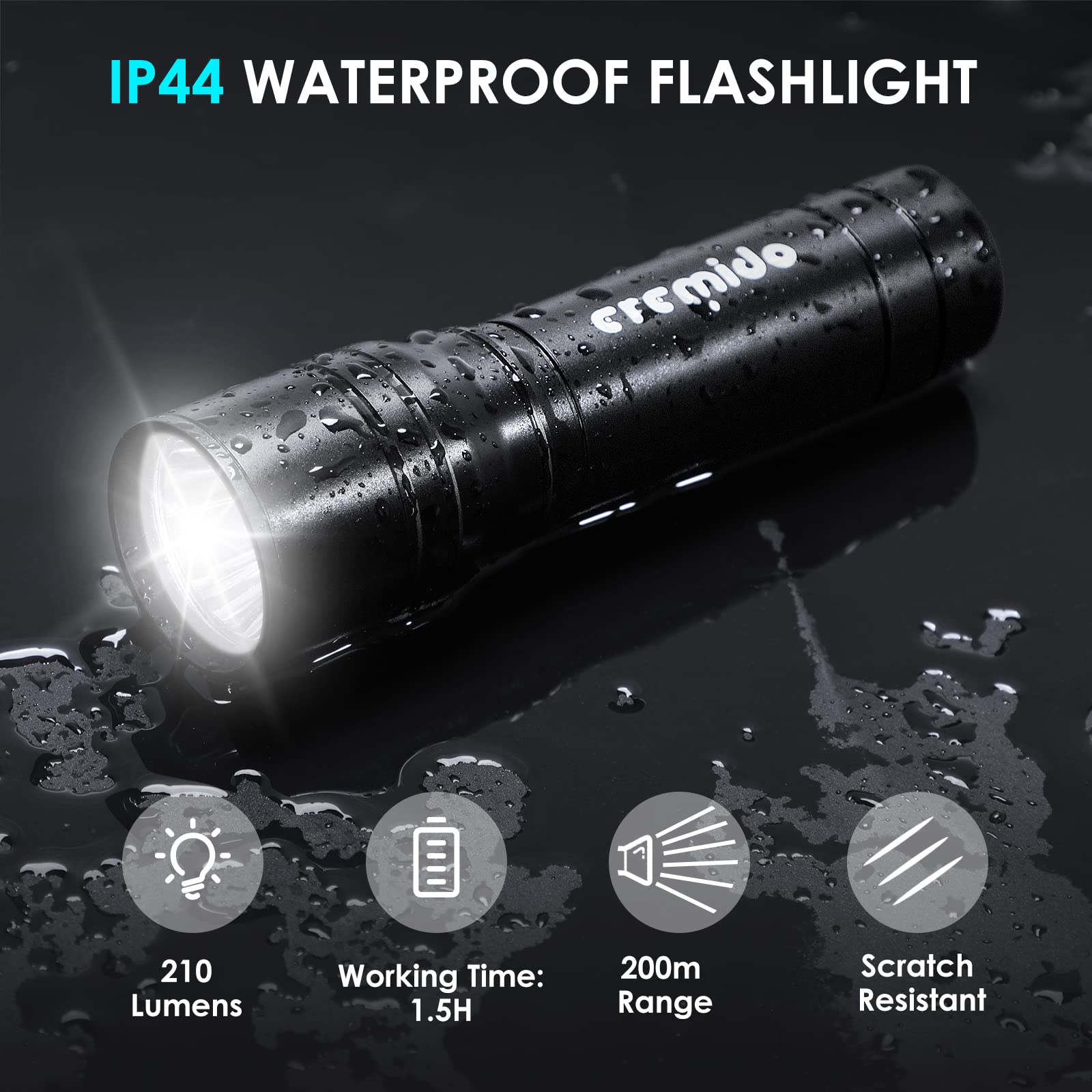 eremido LED Flashlight, 2023 New White Strong Light, Durable Metal Aluminum Material, IP44 Waterproof, Four Modes switchable, Micro USB Charging, can be Used for Indoor and Outdoor Emergency use