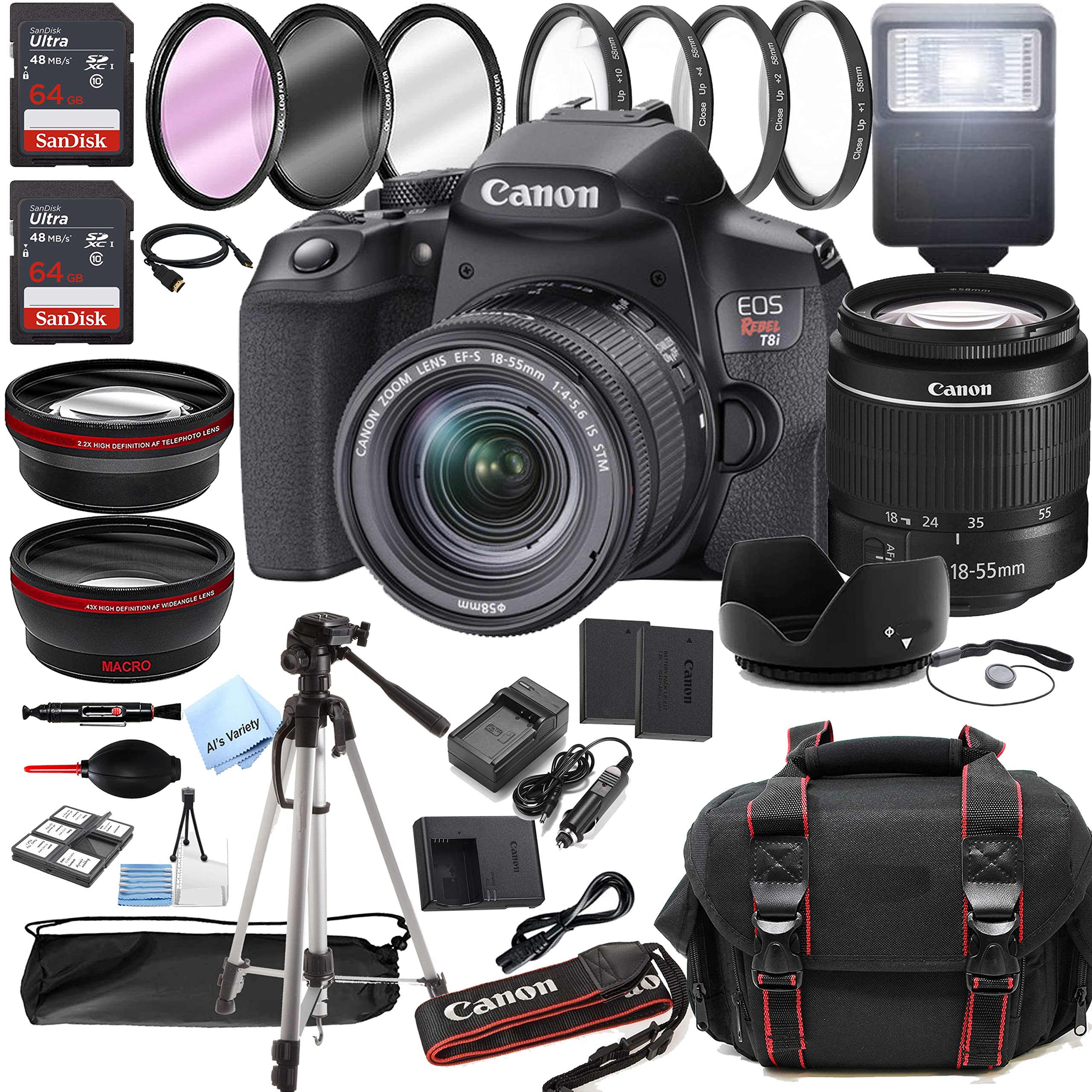 Canon EOS Rebel T8i DSLR Camera w/EF-S 18-55mm F/4-5.6 is STM Zoom Lens + 128GB Memory + Case + Tripod + Filters (36pc Bundle)