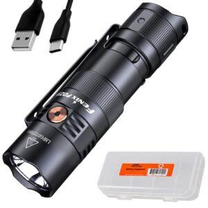 fenix pd25r edc flashlight, 800 lumen usb-c rechargeable dual switch pocket size lightweight with lumentac organizer