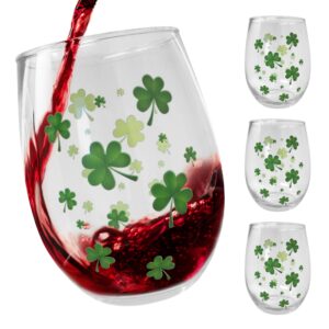 banberry designs shamrock stemless irish wine glasses - set of 4 - st. patrick's day celebration - celtic gifts 20 oz