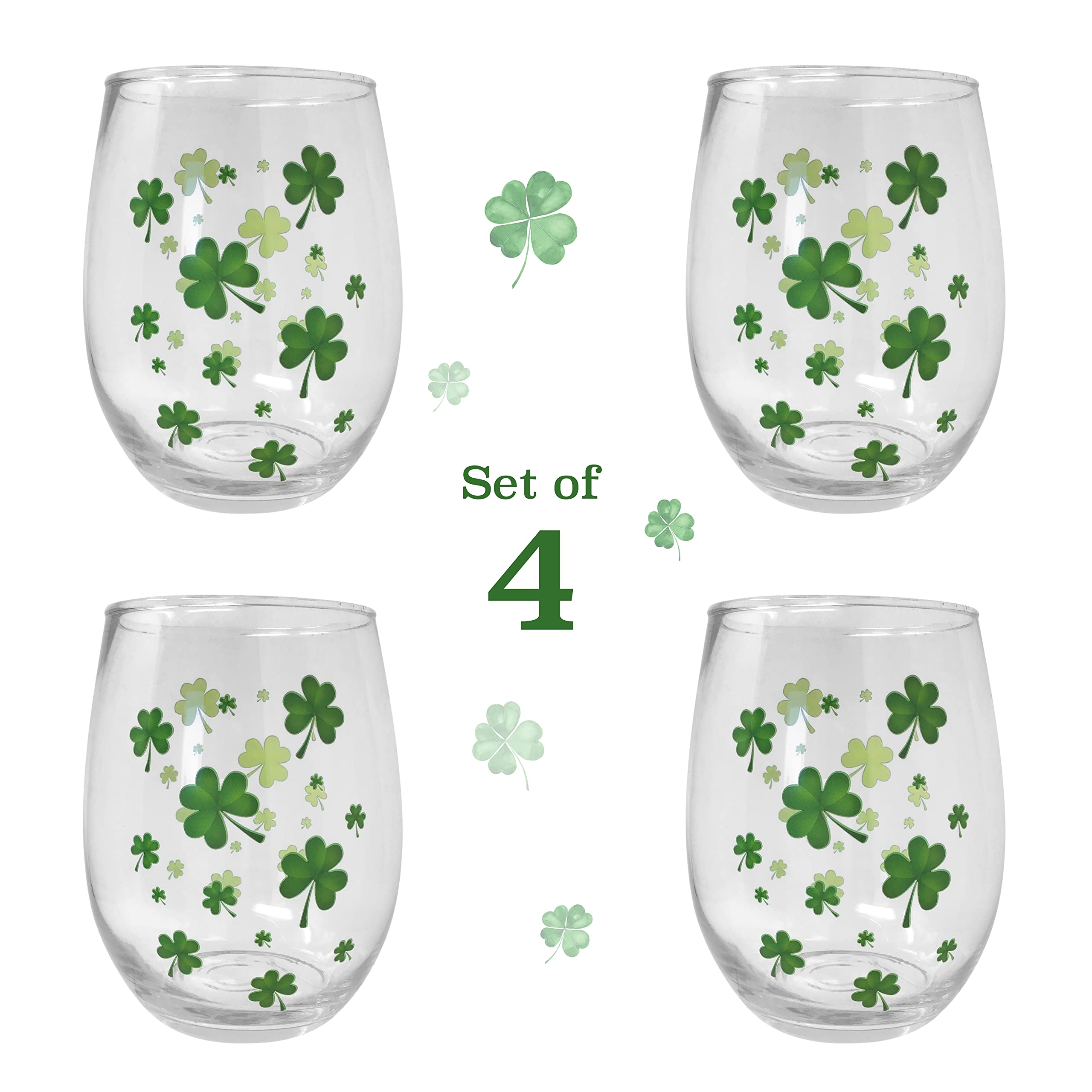 BANBERRY DESIGNS Shamrock Stemless Irish Wine Glasses - Set of 4 - St. Patrick's Day Celebration - Celtic Gifts 20 oz