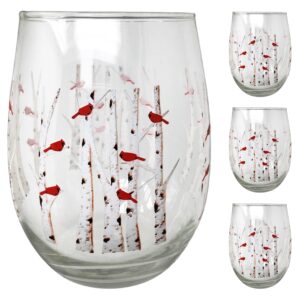banberry designs cardinal wine glass - set of 4 - stemless glasses - cardinals perched on white birch trees - all occasion - approximately 4 3/4" h 20 oz