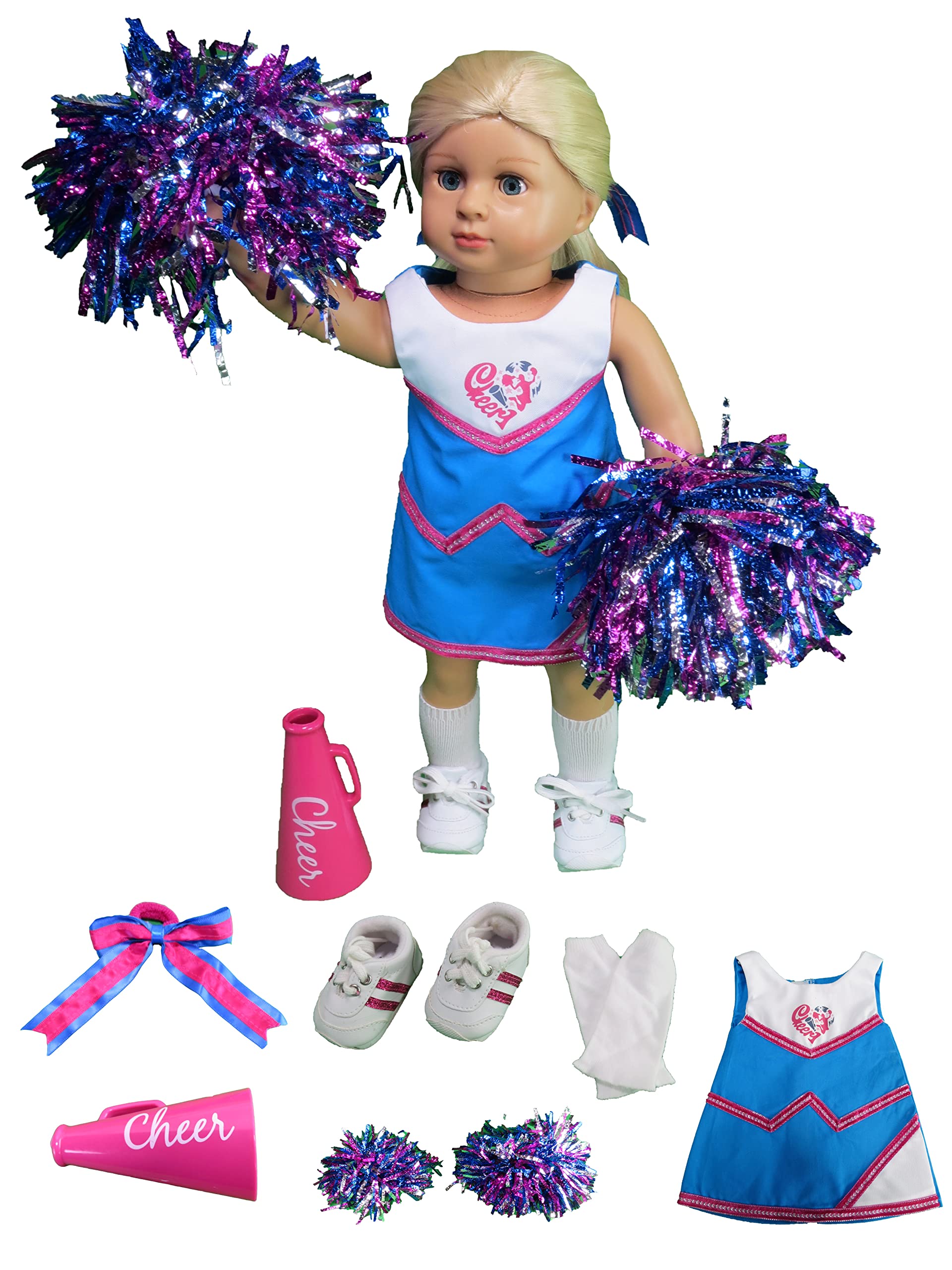 American Fashion World Pink and Blue Cheer Uniform for 18-inch Dolls| 6 Piece Set | Premium Quality & Trendy Design | Dolls Clothes | Outfit Fashions for Dolls for Popular Brands