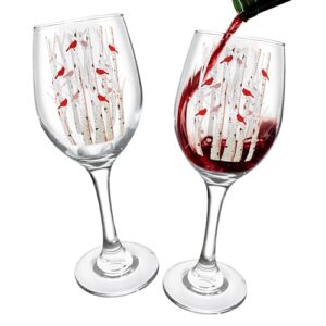 banberry designs cardinal wine glass - set of 2 - stemmed glasses - cardinals perched on white birch trees - 7 3/4" tall 12 oz