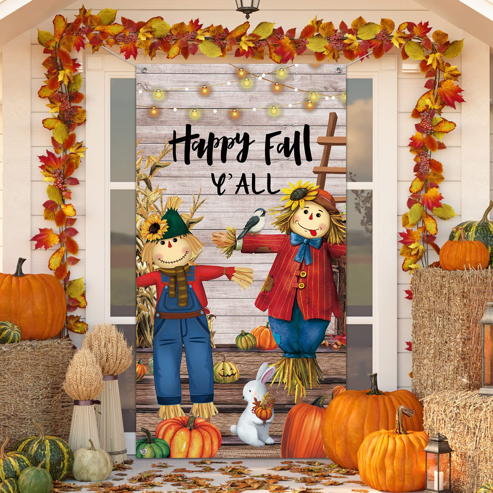 Fall Thanksgiving Door Cover Happy Fall Y'all Door Decorations Fall Harvest Pumpkin Photography Backdrop for Thanksgiving Party Supplies Autumn Home Decor, 71 x 35 Inches