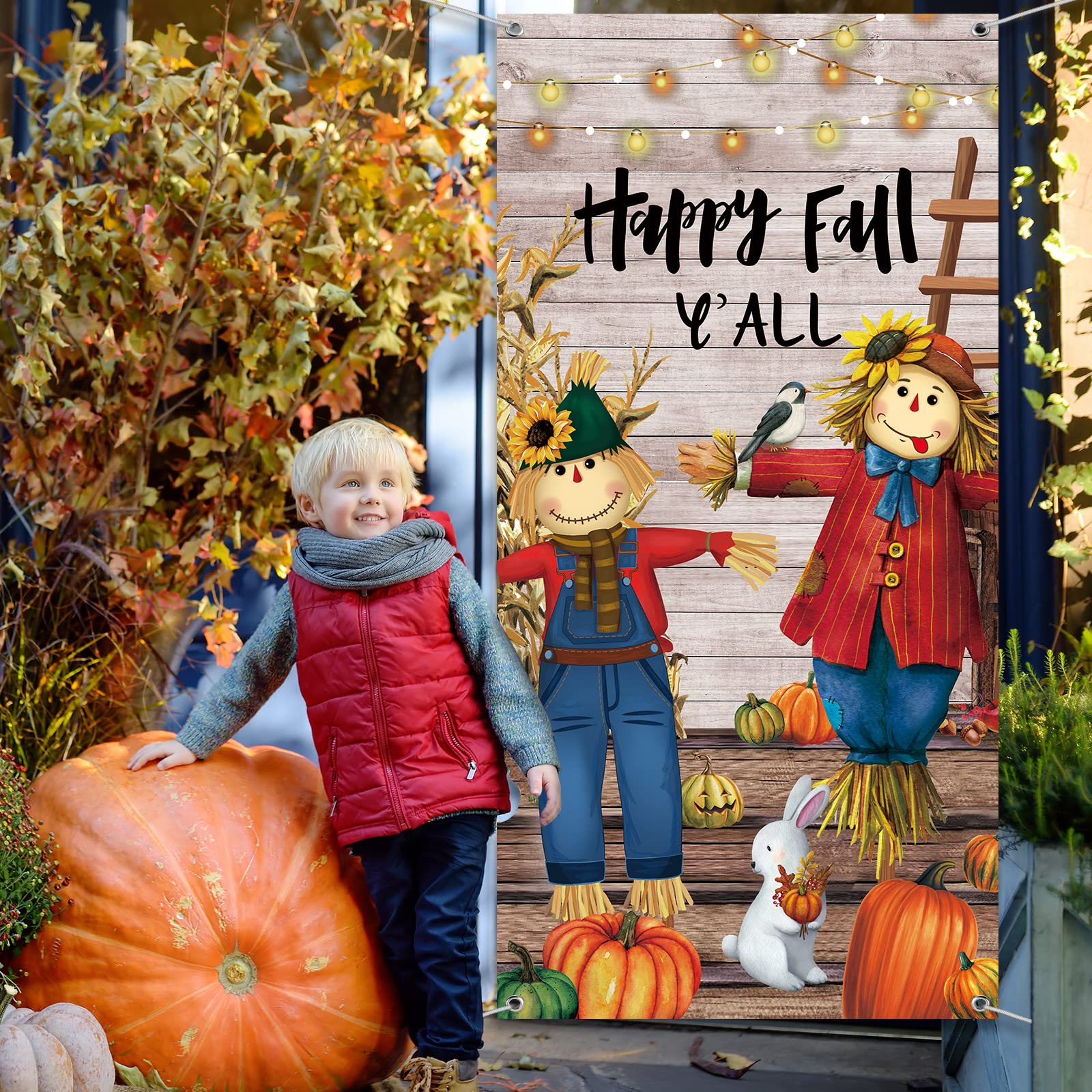 Fall Thanksgiving Door Cover Happy Fall Y'all Door Decorations Fall Harvest Pumpkin Photography Backdrop for Thanksgiving Party Supplies Autumn Home Decor, 71 x 35 Inches