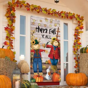 Fall Thanksgiving Door Cover Happy Fall Y'all Door Decorations Fall Harvest Pumpkin Photography Backdrop for Thanksgiving Party Supplies Autumn Home Decor, 71 x 35 Inches