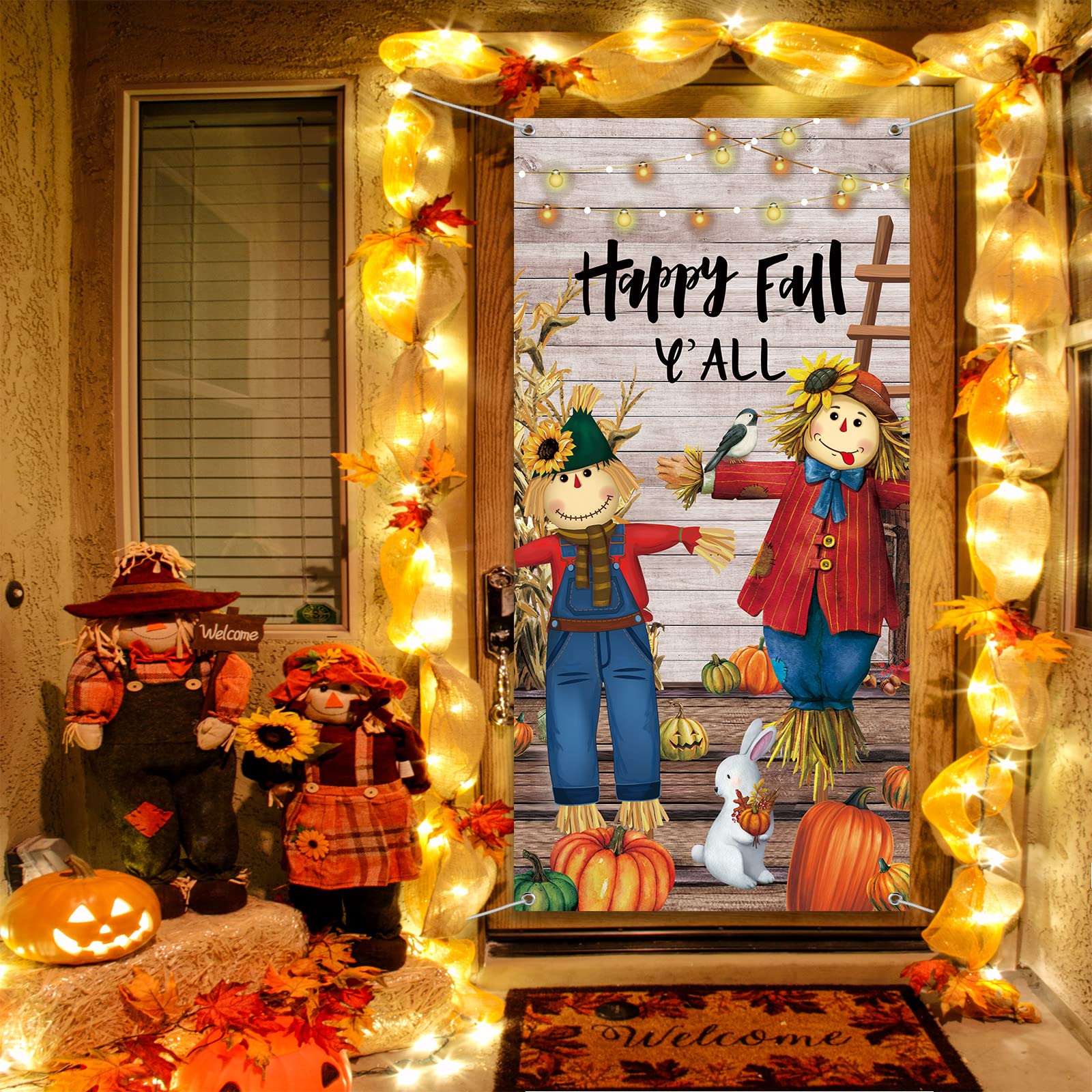 Fall Thanksgiving Door Cover Happy Fall Y'all Door Decorations Fall Harvest Pumpkin Photography Backdrop for Thanksgiving Party Supplies Autumn Home Decor, 71 x 35 Inches