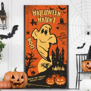 Vintage Halloween Door Cover Johanna Parker Halloween Trick or Treat Hanging Banner, Retro Halloween Ghost Haunt Pumpkin Backdrop Sign, Victorian Style Witches Ghosts Vintage Theme Party Supplies