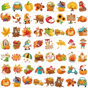 howaf 96 pieces fall temporary tattoos, 48 styles autumn harvest temporary tattoos stickers for kids, thanksgiving fake tattoos with turkeys, owls, squirrels, pumpkins, maple leaves design for happy fall decoration