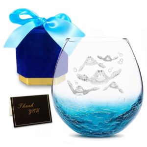 Deeply Etched Sea Turtles Family Handmade Engraved Crackle Turquoise Beach Wine Glass, Valentines Day Gifts Idea 2024