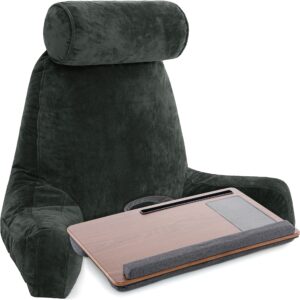 husband pillow combo - backrest pillow with arms : xxl dark green & foldable laptop tray : brown - memory foam reading pillows for bed w/removable neck roll & laptop bed tray table