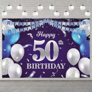 happy 50th birthday banner backdrop navy blue balloons confetti stripe flag light spots cheers to 50 years old theme decorations decor for women men 50th birthday party bday supplies glitter silver